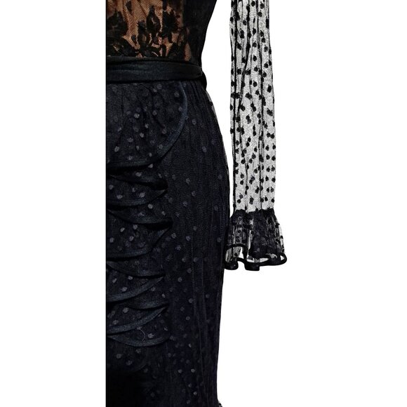 Vintage 70s Jack Bryan Black Gothic Polka Dot Lace Ruffled Midi Dress Sz 4 Emo M - Picture 7 of 12